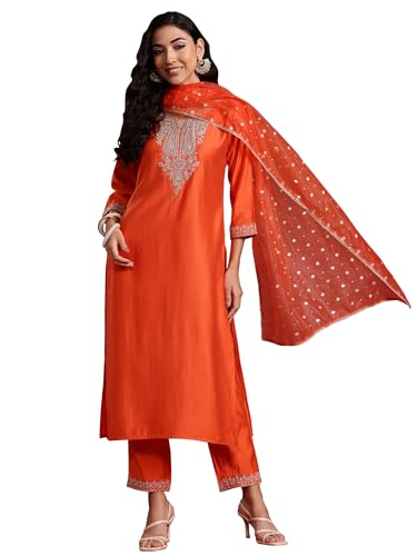 Image of INDO ERA Women's Liva Red Paisley Embroidered Sequinned Straight Kurta & Pant with Dupatta Set