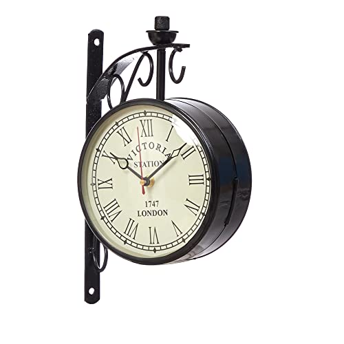 Image of YMRR Double-Sided Vintage Station Wall Clock | Victoria Style Antique Metal Hanging Clock for Home Decor | Railway Platform Design | Decorative Analog Clock for Living Room & Office, (8 inch)