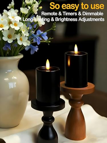 Image of Gmnee 3 inchx4 inch Outdoor Waterproof Flameless Candles with Remote Timers Plastic | 2 Pack Battery Operated Candles, LED Candles, Electric Fake Pillar Candles for Patio, Porch, and Lanterns Decor (Black)