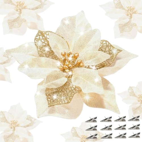 QIHANS 24 Pcs Christmas Poinsettia Flowers Artificial with Clips, 5.9' Christmas Decor Glitter...