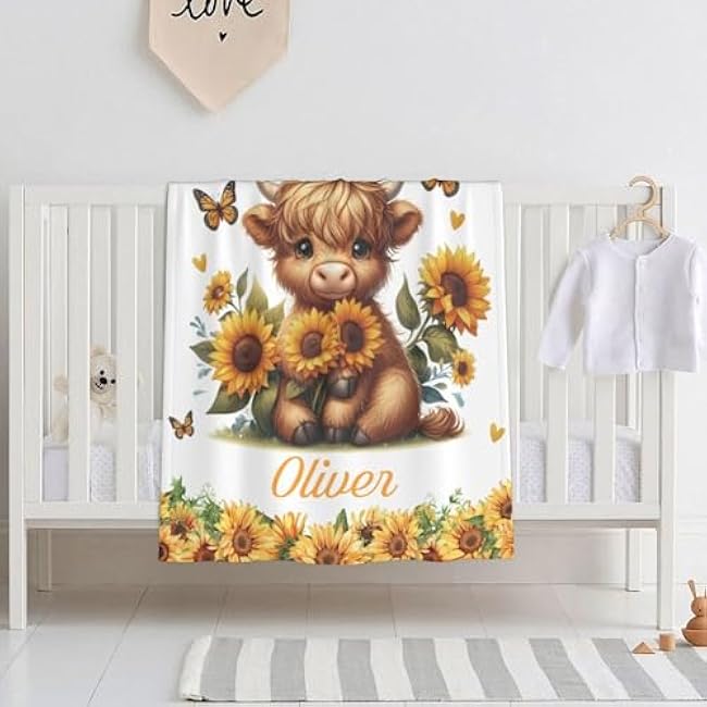 Ship Next Day,Custom Baby Highland Cow Blanket,Personalized Highland Cow Blanket with Name for Girls Boys,Christmas Brithday Gifts for Baby Shower Kids Toddlers Newborn