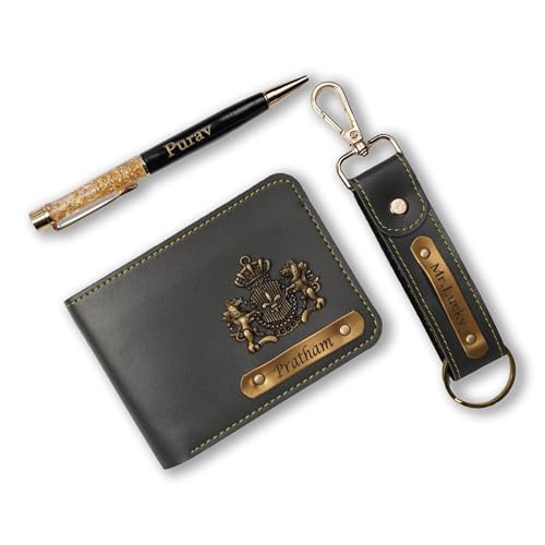 Image of Customised Leather Original Wallet with Pen, Keychain Gifting Hamper Set for Men with Name Plate, Personalized Purse Combo, Unique Stylish Gift for Husband, Birthday, Valentine's Day- Grey