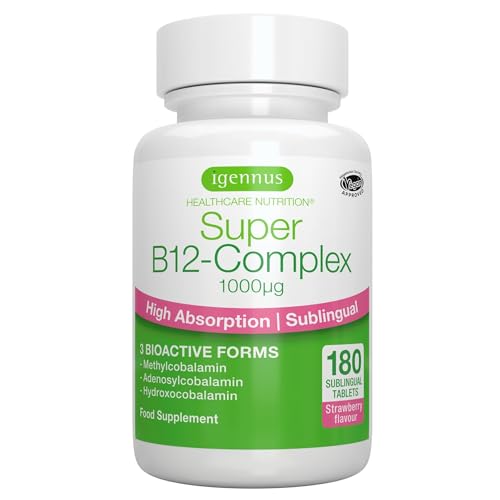 Igennus Super Vitamina B12-Complejo 1000 mcg Sublingual, Metilcobalamina Metilada, 180 Dosis, Etiqueta Limpia y Vegano, 3 Formas de Alta Absorción, Comprimidos Dispersables, Sin Azúcar, 1 al Día