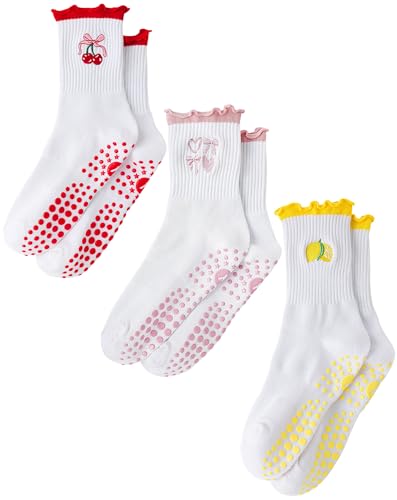 Image of Yawlsow Cute Pilates Grip Socks for Women Ruffle Frilly Yoga Socks Non Slip Cotton Crew Grippy Sock for Barre Workout