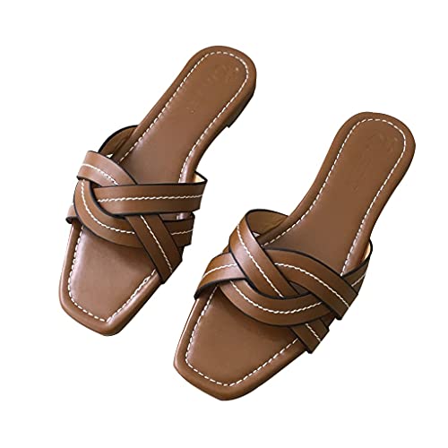 Womens Square Open Toe Flat Slipper Flip Flops Sandals Women Summer Sandals Slippers Open Weave Flats Slip On Cute Sandals For Women Casual Summer Vacation Essentials ( Color : Brown , Size : EUR38 )