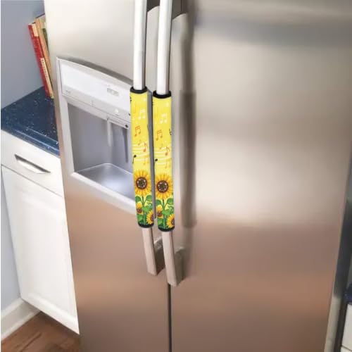 Image of Fridge Door Handle Covers Set of 6 Kitchen Appliance Decor Handles Glove Anti-Slip Protectors Washable Fabric Refrigerator Decor Accessories, Sunflower Musical Note Yellow