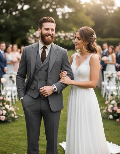 Men's Suits Slim Fit 3 Pieces Double Breasted Tweed Herringbone Jacket+Vest+Trousers Wedding Grooms2