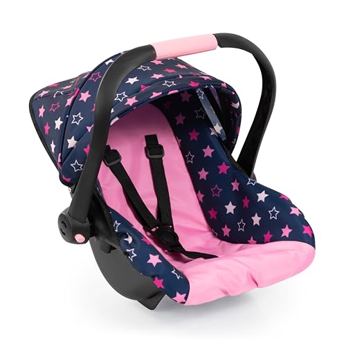 Bayer Design: Doll Deluxe Car Seat - Navy-Pink-Star - Portable Travel Carrier for Dolls Up to 18', Sunshade & Carry Handle, Use As Rocker, Kids 3+