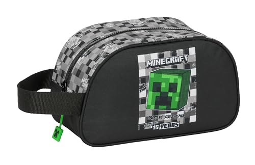 Minecraft - Neceser Escolar Infantil Mediano con Asa, Neceser Infantil, Adaptable a Carro, Fácil Limpieza, Cómodo y Versátil, Calidad y Resistencia, 26x12x15 cm, Color Negro/Gris/Verde