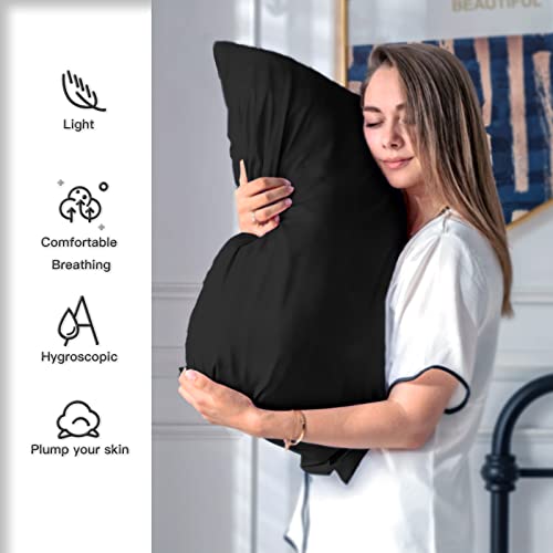 Natural Mulberry Silk Pillowcase for Hair and Skin Queen Size 20"X30" Silk Pillow Case with Hidden Zipper Soft Breathable Smooth Cooling Silk Pillow Covers for Sleeping(Black,Queen,1Pcs)