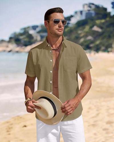 Image of J.VER Mens Linen Shirt Short Sleeve Button Down Casual Summer Shirts | Cotton Linen, Untucked, Big Tall, from Beach Camp Vacation, Cruise Fishing, Work Office, to Wedding Party Family, with Pocket
