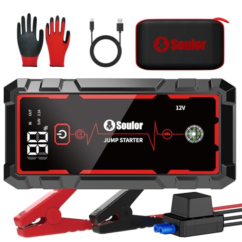Jump Starter, Battery Jumper Starter Portable, Car Battery Jump Starter with 3 Modes Flashlight, Compass, Power Bank and Jumper Cable