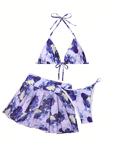 WDIRARA Women's 3 Piece Halter Triangle Bikini Marble Print Swimsuits and Coverup Skirt