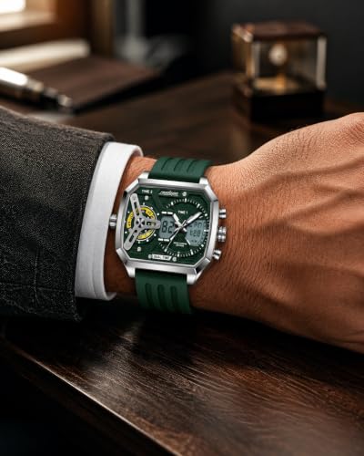 Image of Men's Square Luxury Stainless Steel Quartz Watch - Waterproof 10BAR Wristwatch with Luminous Display, Day /Date Calendar, Hardlex Glass - Fashion & Business Timepiece