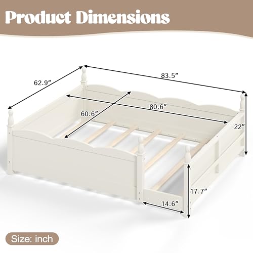 Image of Bellemave Queen Size Montessori Floor Bed Frame with High Fence, Solid Wood Kids Floor Bed with Bookshelf, Low Profile Bed for Boys & Girls, Childlike Design,Beige