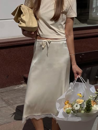 Womens Elegant Satin Silk Midi Skirts Lace Hem Drawstring High Elastic Waist Going Out Casual Midi Skirts4