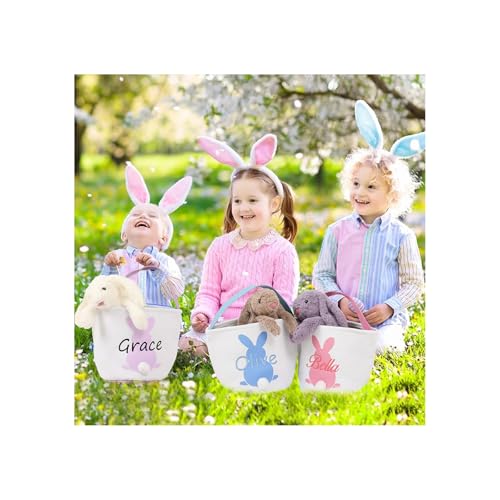 Personalized Easter Baskets for Girls Boys, Custom Easter Basket with Name, Customized Embroidered Easter Bunny Tail Bag Basket for Kids
