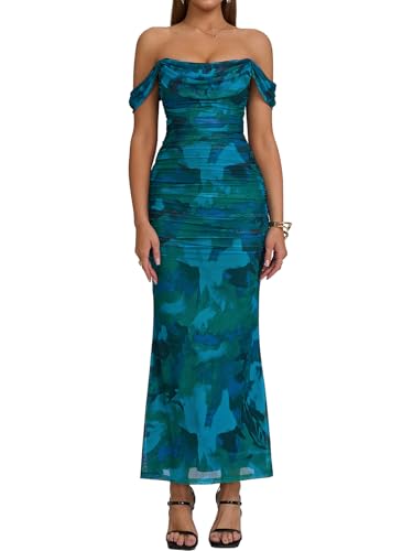 KUTUMAI Off The Shoulder Maxi Long Dress Corset Ruched Bodycon Formal Wedding...