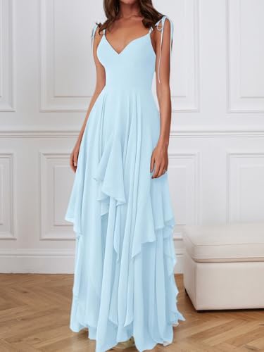 Women's Long Bridesmaid Dresses Chiffon Spaghetti Straps Prom Dresss 2025 Ruffle Hem Formal Evening Gown3