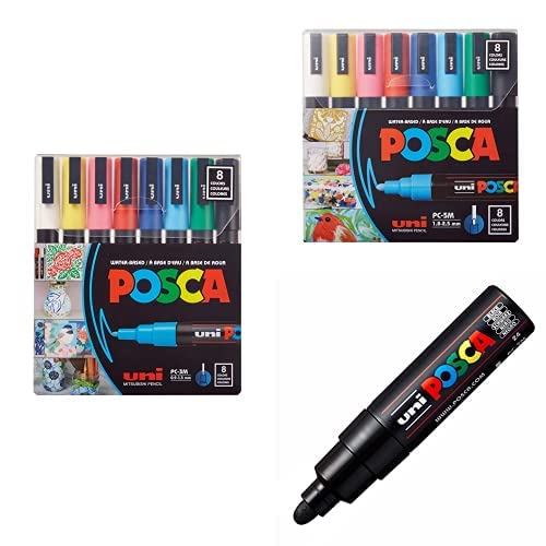 Image of Posca Full Set of 8 Medium Point Pens + Full Set of 8 Fine Point Pens + Black Acrylic Paint Pen with Broad Bullet Point Tips for Rock Painting, Fabric, Glass Paint, Metal Paint, and Graffiti