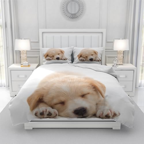 Leleyouzer Hund Bettwäsche Set, Hundemuster Bettwäsche für Jungen Mädchen Teenager, 1pc Mikrofaser Bettbezug mit Reißverschluss und 2pc Kissenbezug 50 x 75cm (D1, 135×200 cm)