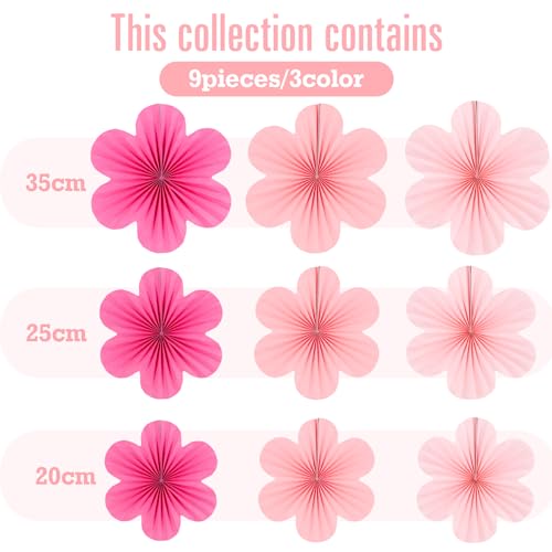 Image of SUNBEAUTY Paper Flowers Decoration, Set of 9 - Hot Pink Paper Flower for Wall Hanging Ornaments, Party Fans & Floral Backdrop for Weddings Baby Showers Birthdays Valentine Mother's Day & More