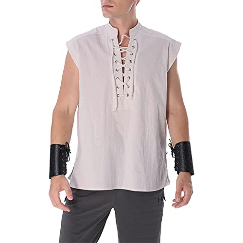 Ropa medieval para hombre,Disfraz de pirata para hombre,Medieval Renaissance Viking Pirata Shirt Tops, Blanco, L