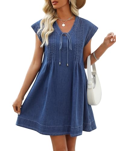 Denim Dress for Women,V Neck Jean Dresses Short Sleeves Denim Romper Dress with Pockets