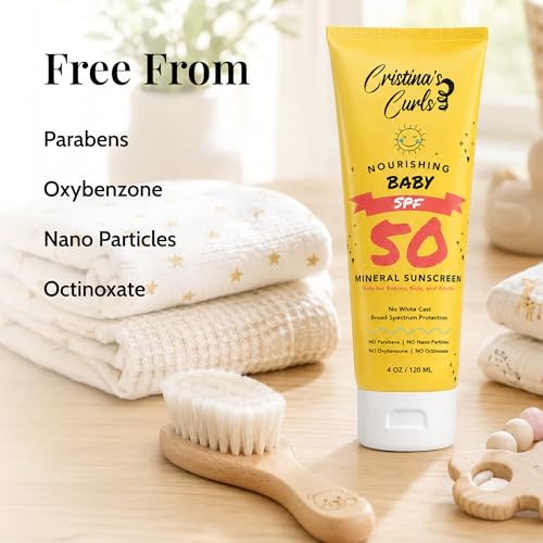 Image of Cristina's Curls Baby & Kids SPF 50 Mineral Sunscreen with Zinc Oxide - No White Cast, Plant-Based Formula with Broad Spectrum Protection - Gentle Face & Body Lotion for the Whole Family - 4 oz
