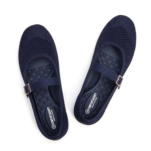 Image of Frank Mully Women's Mary Jane Flats Comfortable Dressy Ballet Flats Casual Round Toe Slip On Washable Knitted Fabric Office Work Woman Shoes