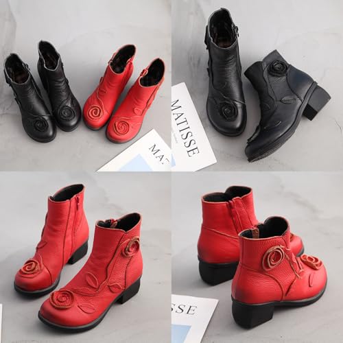 MOYOWEI Women's Handmade Sunflower Dress Leather Booties,Comfy Fall/Winter Non-slip Block Heels Zip Casual Short Ankle Boots3