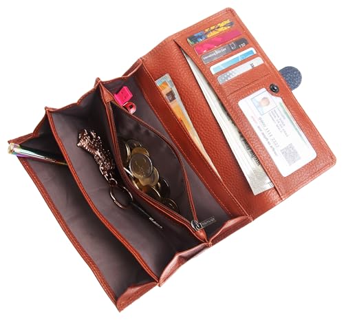 Image of WildHorn Women's Genuine Leather RFID Blocking Wallet | Tri-Fold High-Capacity Ladies Purse with Card Slots, Zipper Coin Pocket & Snap Closure | Ideal Gift for Women (Tan)
