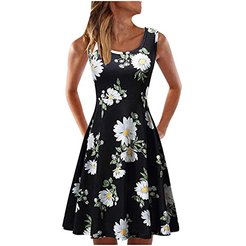 SANCABA Sleeveless Midi Dress Tank A-Line Dress Casual Floral Printed Beach Flowy Sundress Daisy Black