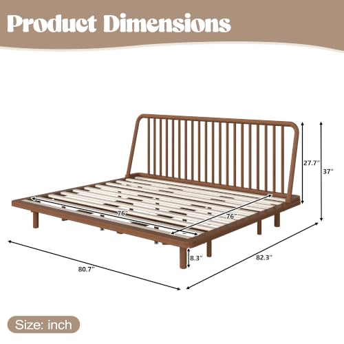 Image of Bellemave King Size Bamboo Bed Frame with Slatted Slanted Headboard,Brown