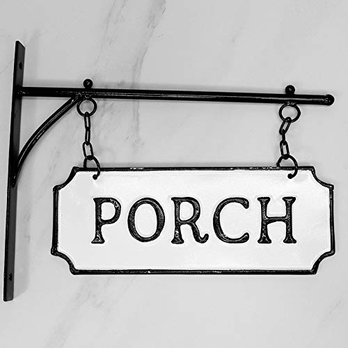 Rustic Hanging Double-Sided 'Porch' Embossed Black on White Enamel Metal Sign with Bracket - Wall Decor - Room Label