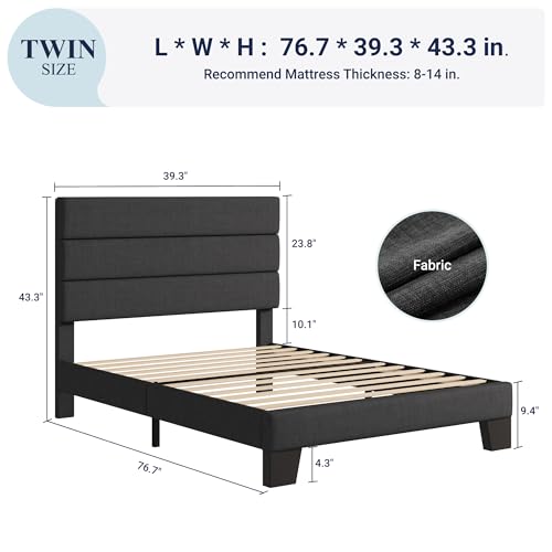 Allewie Twin Size Platform Bed Frame with Fabric Upholstered Headboard and Wooden Slats Support, Fully Upholstered Mattress Foundation/No Box Spring Needed/Easy Assembly, Dark Grey