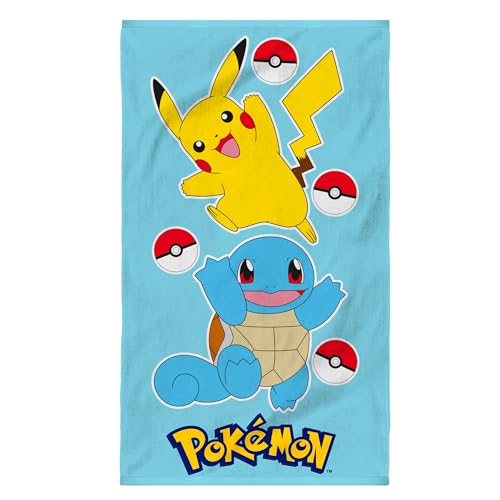 OMYDREAM Pokémon Port Serviette de Bain et de Plage Enfant | 100% Coton | Oeko-TEX | 70x120 cm | Imprimé Garçon | Bleu Ciel