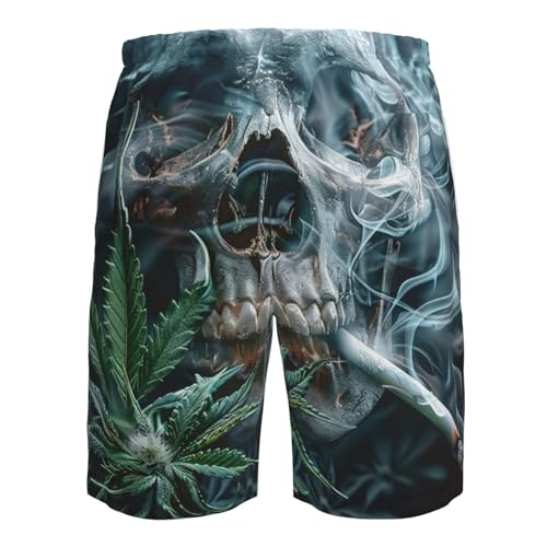 Skull Psychedelic Cannabis Leaf Marijuana Hippie Weed Men's Quick Dry Swim Shorts, Mesh Lined Beach Trunks with Pockets3
