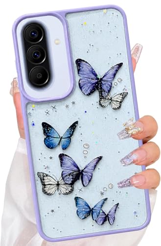 Image of VONZEE for Samsung Galaxy A57 Clear Glitter Butterfly Case, Cute Bling Sparkle Shiny Soft Silicone TPU Bumper Shockproof Women Girls Slim Protective Phone Cover for Samsung Galaxy A57, Purple