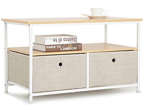 Mesa de Centro para Sala con 1 Estantes 2 Cajón de Tela Mesas de Café Mesa para almacenaje Auxilliares para Sofá Mesilla Multiusos Mesa Lateral Decorativo Madera y Metal