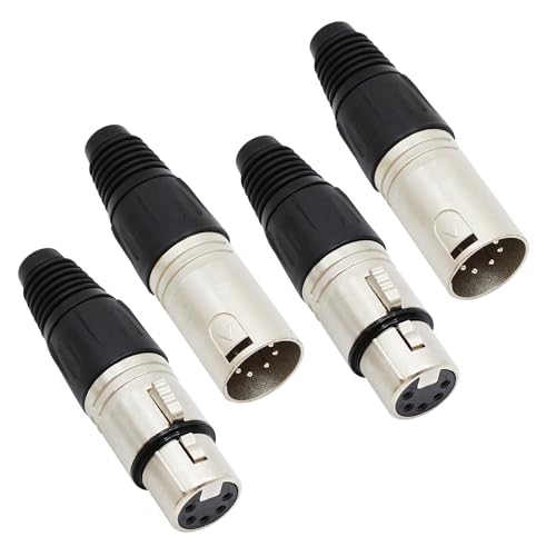 Xilaghy 5-Pin XLR Cable Connector XLR 5 Pin Male&Female Plug Connector Mic Cable Plug Connector Audio Adapter for Microphone, Mixers, Black+Silver, 2 Pair