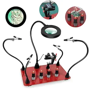 Soldering Helping Hands Magnetic Third Hand Holder Station Tool with Magnifier Lamp,4 Solder Arms, Large PCB Clamp,4 Stand Pillars for Electronics Jewelry Crafts Model Repair, Waterproof Base