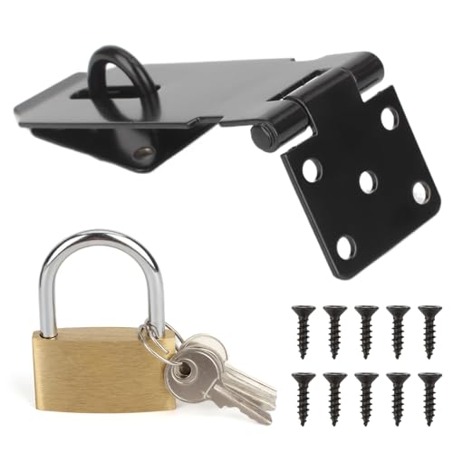 180 Degree Hasp Lock Latch with Lock, 4 Inch Latch Lock with Screws and Padlock, Stainless Steel Pad Lock Latches Locking Latch Security Door Clasp Hasp for Shed/Gate/Storage Lock?Black?