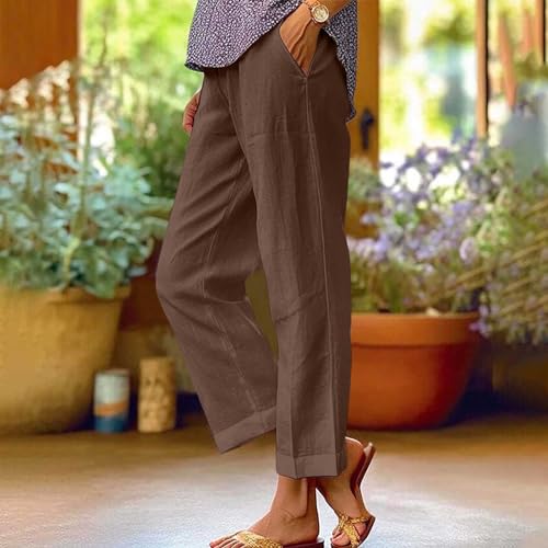 Cotton Linen Capri Pants for Women Summer Casual Elastic Waist Straight Wide Leg Boho Trousers Beach Vacation Outfits2