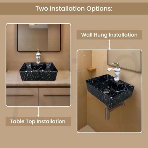 Image of Artiva Ceramic Wall Mounted Bathroom Basin /Designer Table Top Sink For Bathroom /Wall Hung Washbasin /Wash Basin For Cabinet /Countertop Vanity Sink (Nero Black 16 x 12 x 5 Inch)