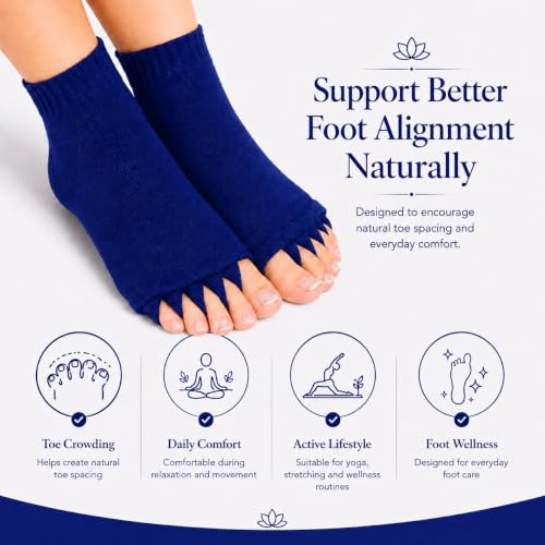 Image of Foot Alignment Orthopedic Cotton Socks for Men & Women | Five Toe Separator | Foot Pain Relief | Bunion Corrector | Plantar Fasciitis Support | Improves Posture & Flexibility | Free Size | Navy Blue | 1 Pair