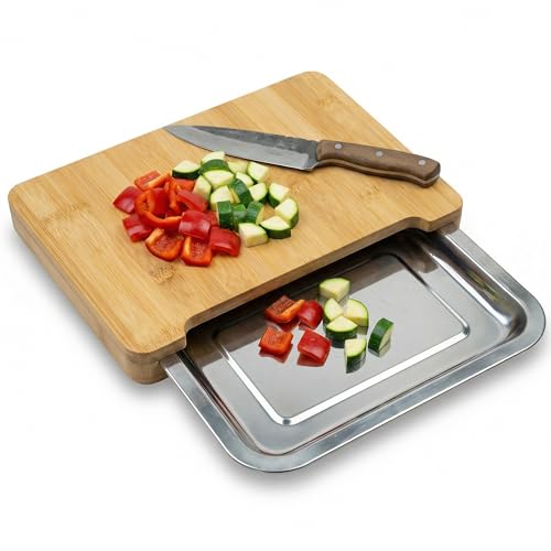 naturlik Planche à Découper Camping avec Bac Inox – Magnétique & Anti-Bruit – Accessoire Vanlife & Camping-Car – Planche en Bambou Compacte – Idée...