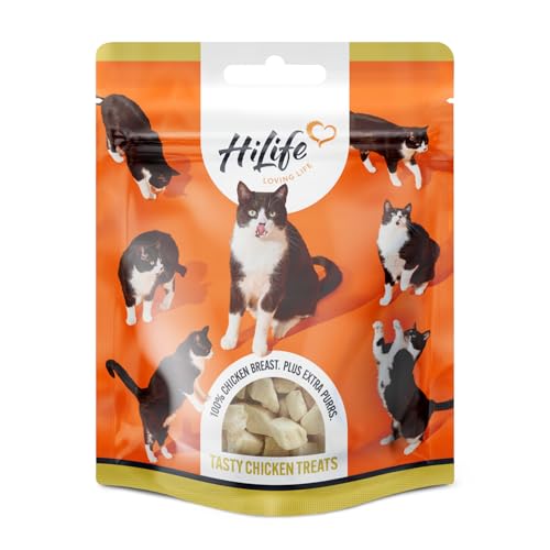 HiLife Chicken Breast Cat Treats, Freeze Dried & Grain Free Chicken Treats for Adult Cats, Made With 100% Natural Ingredients, Suitable for Indoor & Outdoor Cats (12 Bags x 10g)