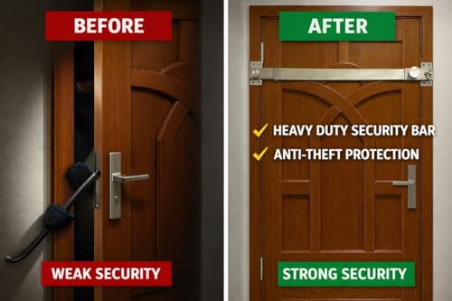 Image of Heavy Duty Door Security Bar Adjustable 80-120 cm | Stainless Steel Safety Lock for Main Door | Additional Lock to Door| Drill /Hammer Fixed |Extra Door Protection