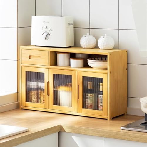GEBYUI食器棚 竹製おしゃれデザイン アクリル扉付きキッチンキャビネット 引き出し付き収納棚 卓上食器棚兼キッチン収納棚・キッチンラック 調味料棚として活用可能 組立簡単 大容量多機能収納 省スペース設計 食器・調味料・キッチン小物整理に最適 便利な収